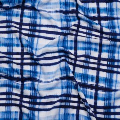 Stretch Rayon Jersey Print – Navy, Blue and White Painterly Plaid – Deadstock Stretch Rayon Jersey Print – Navy, Blue and White Painterly Plaid – Deadstock