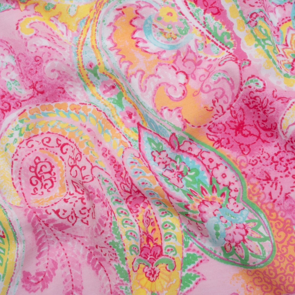 Cotton and Polyester Jersey Print – Bright Pink, Yellow and Aqua Blue Paisley – Deadstock Cotton and Polyester Jersey Print – Bright Pink, Yellow and Aqua Blue Paisley – Deadstock