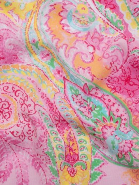 Cotton and Polyester Jersey Print – Bright Pink, Yellow and Aqua Blue Paisley – Deadstock Cotton and Polyester Jersey Print – Bright Pink, Yellow and Aqua Blue Paisley – Deadstock