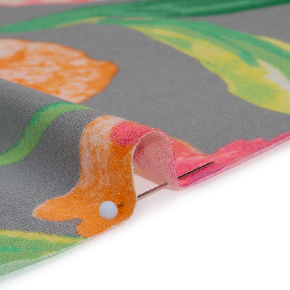 Super Soft Stretch Polyester Jersey - Neon Pink, Orange and Green Florals on Gray - Deadstock