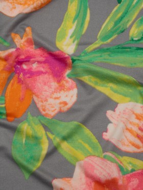 Super Soft Stretch Polyester Jersey – Neon Pink, Orange and Green Florals on Gray – Deadstock Super Soft Stretch Polyester Jersey – Neon Pink, Orange and Green Florals on Gray – Deadstock
