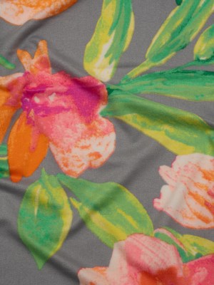 Super Soft Stretch Polyester Jersey – Neon Pink, Orange and Green Florals on Gray – Deadstock Super Soft Stretch Polyester Jersey – Neon Pink, Orange and Green Florals on Gray – Deadstock
