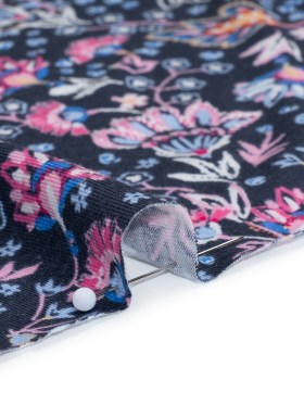 Stretch Rayon Jersey Print – Navy, Pink and White Ornamental Floral – Deadstock Stretch Rayon Jersey Print – Navy, Pink and White Ornamental Floral – Deadstock