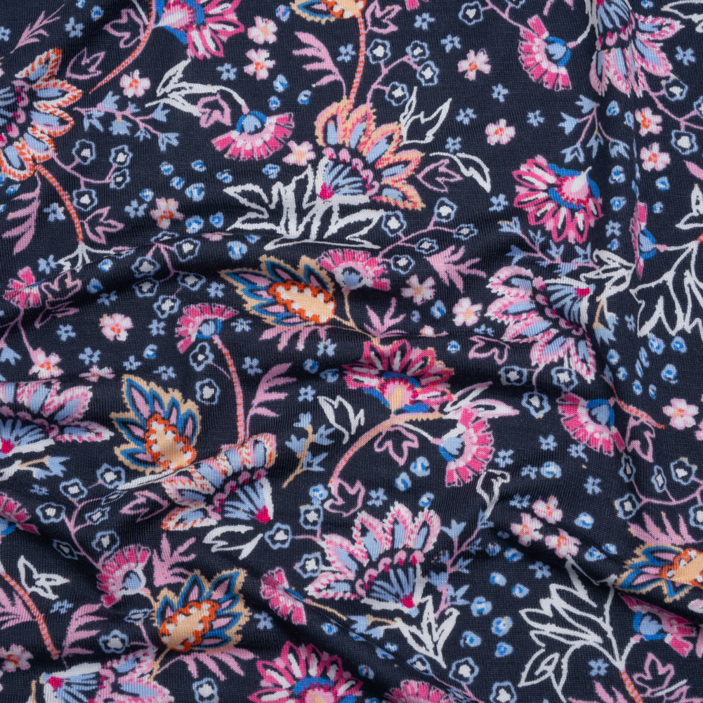 Stretch Rayon Jersey Print – Navy, Pink and White Ornamental Floral – Deadstock Stretch Rayon Jersey Print – Navy, Pink and White Ornamental Floral – Deadstock