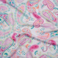 Stretch Rayon Jersey Print – Pink, Teal and Orange Paisleys on White – Deadstock Stretch Rayon Jersey Print – Pink, Teal and Orange Paisleys on White – Deadstock