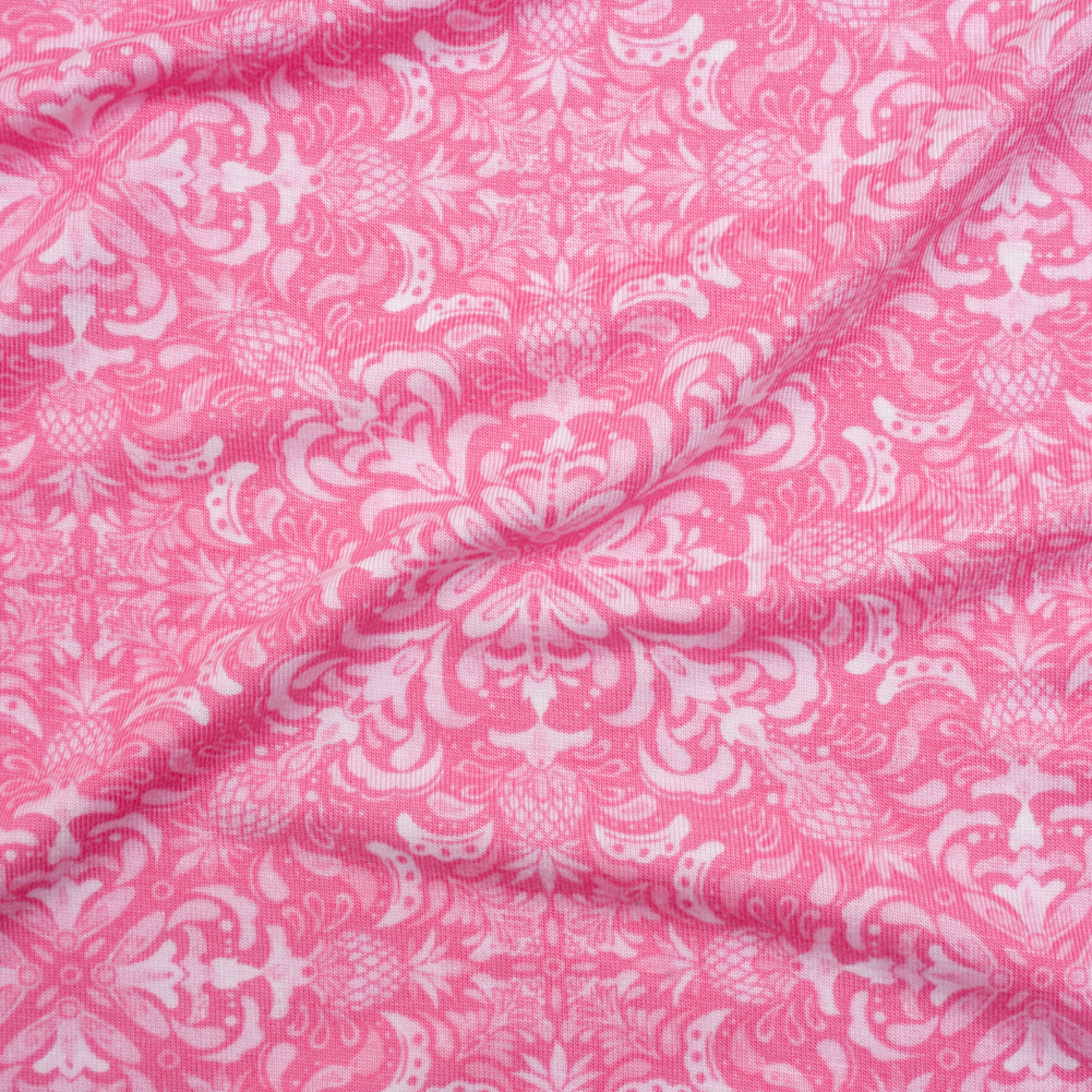 Stretch Rayon Jersey – Pink Pineapple Mandalas – Deadstock Stretch Rayon Jersey – Pink Pineapple Mandalas – Deadstock