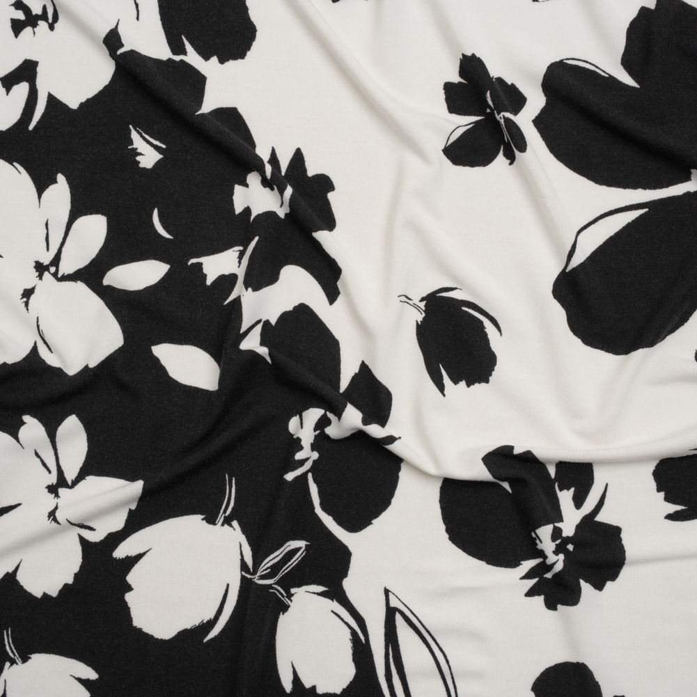 Stretch Modal Jersey Print – Black and Ivory Big Floral Borders – Deadstock Stretch Modal Jersey Print – Black and Ivory Big Floral Borders – Deadstock
