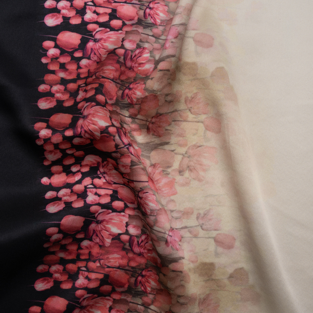 Silk Charmeuse 19mm – Pink, Black and Cream Floral Field Border Silk Charmeuse 19mm – Pink, Black and Cream Floral Field Border