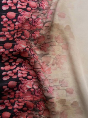 Silk Charmeuse 19mm – Pink, Black and Cream Floral Field Border Silk Charmeuse 19mm – Pink, Black and Cream Floral Field Border