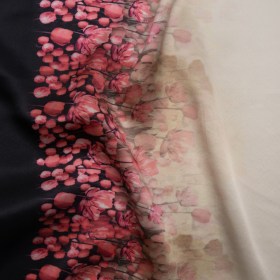 Silk Charmeuse 19mm – Pink, Black and Cream Floral Field Border Silk Charmeuse 19mm – Pink, Black and Cream Floral Field Border
