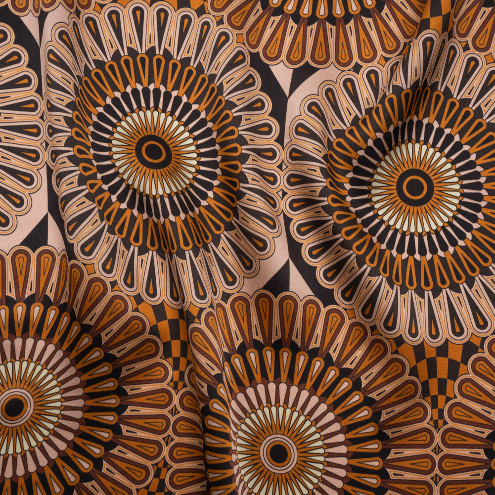 Silk Charmeuse 19mm – Tan, Nude and Black Retro Medallions Silk Charmeuse 19mm – Tan, Nude and Black Retro Medallions