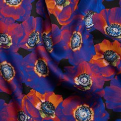 Silk Charmeuse 19mm – Ultraviolet Blue, Orange and Black Glowing Flowers Silk Charmeuse 19mm – Ultraviolet Blue, Orange and Black Glowing Flowers