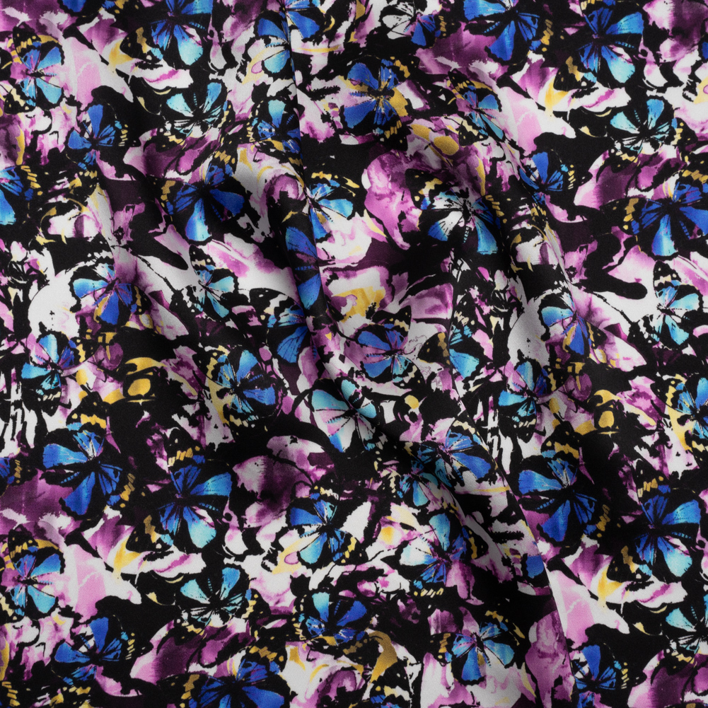 Silk Charmeuse 19mm – Purple, Blue and Yellow Little Butterflies and Flowers Silk Charmeuse 19mm – Purple, Blue and Yellow Little Butterflies and Flowers
