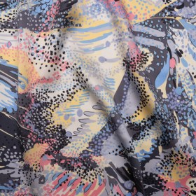 Silk Charmeuse Print – Pink, Butter Yellow and Sky Blue Flowing Streaks and Spots – Made in Italy Silk Charmeuse Print – Pink, Butter Yellow and Sky Blue Flowing Streaks and Spots – Made in Italy