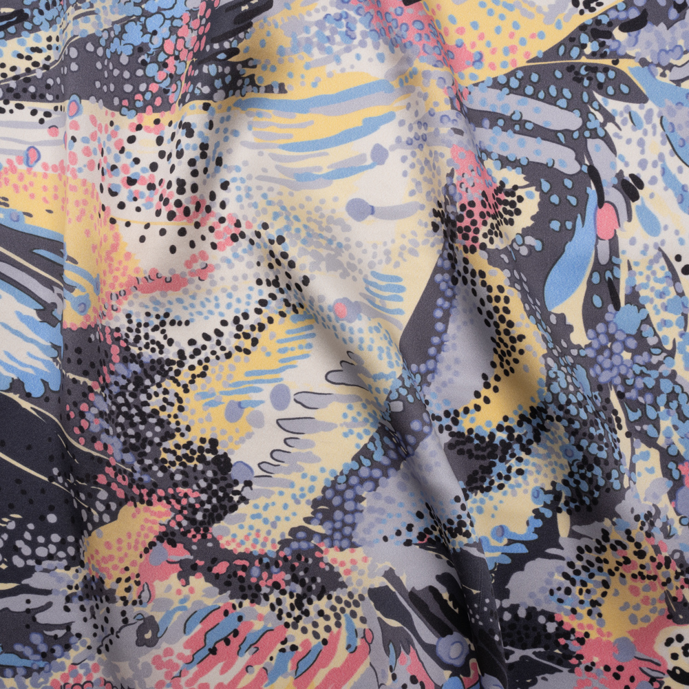 Silk Charmeuse Print – Pink, Butter Yellow and Sky Blue Flowing Streaks and Spots – Made in Italy Silk Charmeuse Print – Pink, Butter Yellow and Sky Blue Flowing Streaks and Spots – Made in Italy