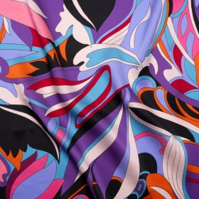 Silk Charmeuse Print – Periwinkle, Orange and Fuchsia Retro Floral Swirl – Made in Italy Silk Charmeuse Print – Periwinkle, Orange and Fuchsia Retro Floral Swirl – Made in Italy