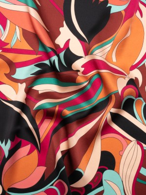 Silk Charmeuse Print – Brown, Teal and Magenta Retro Floral Swirl – Made in Italy Silk Charmeuse Print – Brown, Teal and Magenta Retro Floral Swirl – Made in Italy