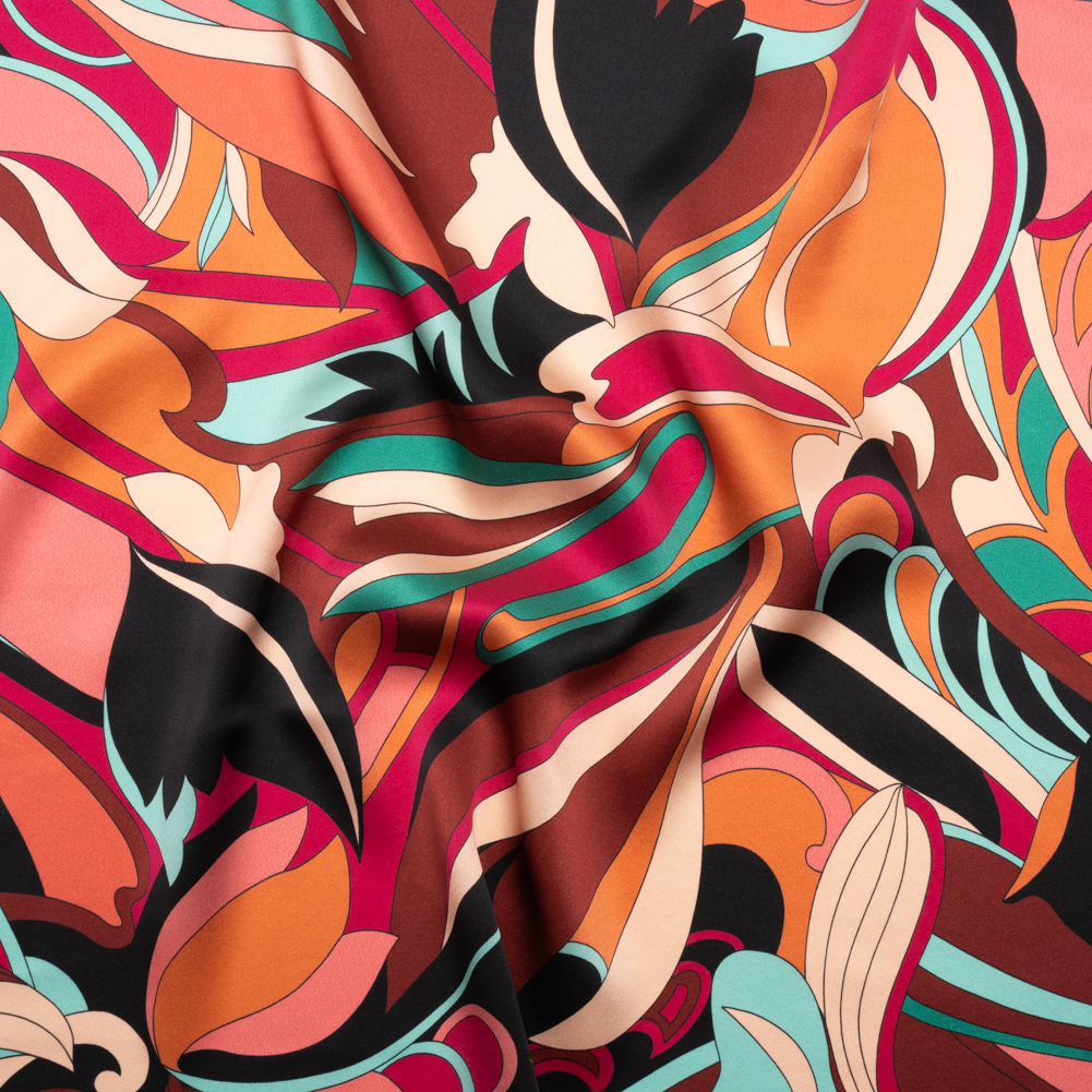 Silk Charmeuse Print – Brown, Teal and Magenta Retro Floral Swirl – Made in Italy Silk Charmeuse Print – Brown, Teal and Magenta Retro Floral Swirl – Made in Italy