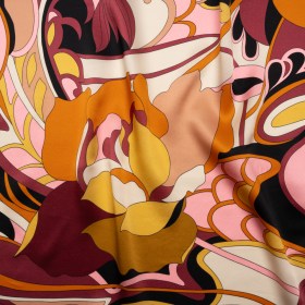 Silk Charmeuse Print – Russet Brown, Orange and Peach Retro Floral Swirl – Made in Italy Silk Charmeuse Print – Russet Brown, Orange and Peach Retro Floral Swirl – Made in Italy