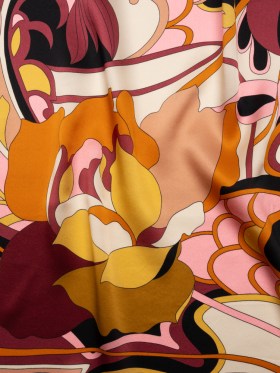 Silk Charmeuse Print – Russet Brown, Orange and Peach Retro Floral Swirl – Made in Italy Silk Charmeuse Print – Russet Brown, Orange and Peach Retro Floral Swirl – Made in Italy
