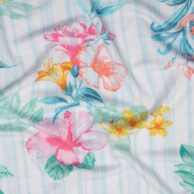 Stretch Rayon Jersey Print – Pale Blue, Coral and Pink Tropical Florals over Stripes – Deadstock Stretch Rayon Jersey Print – Pale Blue, Coral and Pink Tropical Florals over Stripes – Deadstock