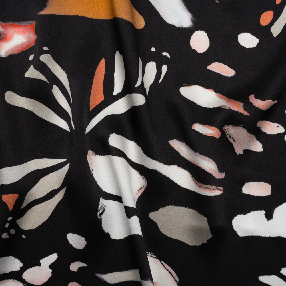 Silk Charmeuse Print – Black, White and Orange Blobs and Butterflies – Made in Italy Silk Charmeuse Print – Black, White and Orange Blobs and Butterflies – Made in Italy