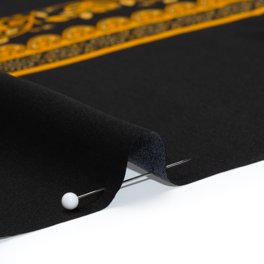 Silk Charmeuse Panel Print – Black, Olive Green and Gold Ornate Florals – Made in Italy Silk Charmeuse Panel Print – Black, Olive Green and Gold Ornate Florals – Made in Italy