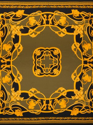 Silk Charmeuse Panel Print – Black, Olive Green and Gold Ornate Florals – Made in Italy Silk Charmeuse Panel Print – Black, Olive Green and Gold Ornate Florals – Made in Italy