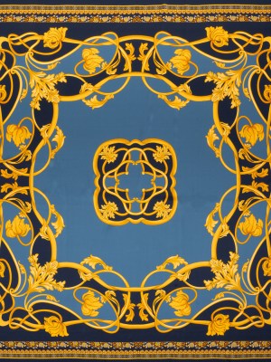 Silk Charmeuse Panel Print – Navy, Country Blue and Gold Ornate Florals – Made in Italy Silk Charmeuse Panel Print – Navy, Country Blue and Gold Ornate Florals – Made in Italy
