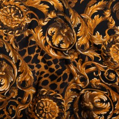 Silk Charmeuse Print – Black and Gold Floral Ornaments and Animal Spots – Made in Italy Silk Charmeuse Print – Black and Gold Floral Ornaments and Animal Spots – Made in Italy