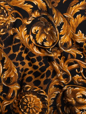 Silk Charmeuse Print – Black and Gold Floral Ornaments and Animal Spots – Made in Italy Silk Charmeuse Print – Black and Gold Floral Ornaments and Animal Spots – Made in Italy