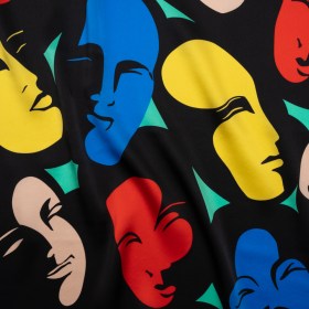 Silk Charmeuse Print – Black, Beige, and Primary Color Faces – Made in Italy Silk Charmeuse Print – Black, Beige, and Primary Color Faces – Made in Italy