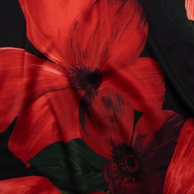 Silk Charmeuse Print – Black, Red and Green Big Poppies – Made in Italy Silk Charmeuse Print – Black, Red and Green Big Poppies – Made in Italy