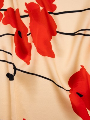 Silk Charmeuse Print – Beige, Red and Black Poppy Stems Border – Made in Italy Silk Charmeuse Print – Beige, Red and Black Poppy Stems Border – Made in Italy