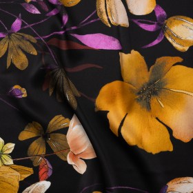 Silk Charmeuse Print – Black, Purple and Yellow Ochre Floral- Made in Italy Silk Charmeuse Print – Black, Purple and Yellow Ochre Floral- Made in Italy