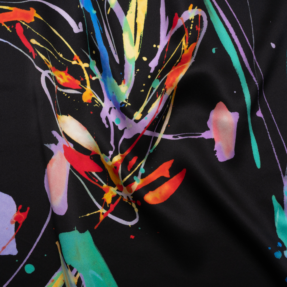 Silk Charmeuse Print – Black and Rainbow Paint Streaks and Splatters – Made in Italy Silk Charmeuse Print – Black and Rainbow Paint Streaks and Splatters – Made in Italy