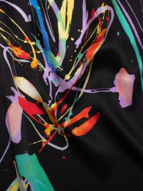 Silk Charmeuse Print – Black and Rainbow Paint Streaks and Splatters – Made in Italy Silk Charmeuse Print – Black and Rainbow Paint Streaks and Splatters – Made in Italy