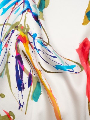 Silk Charmeuse Print – White and Rainbow Paint Streaks and Splatters – Made in Italy Silk Charmeuse Print – White and Rainbow Paint Streaks and Splatters – Made in Italy