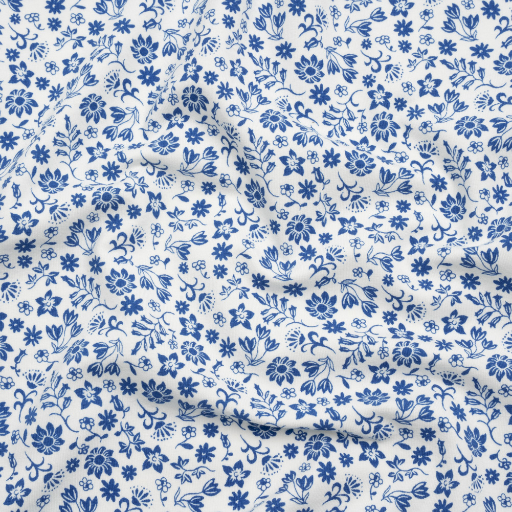 Stretch Organic Cotton Jersey Print – Classic Blue and White Floral – Deadstock Stretch Organic Cotton Jersey Print – Classic Blue and White Floral – Deadstock
