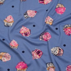 Stretch Polyester Jersey Print – Country Blue, Pink and Navy Cupcakes and Polka Dots – Deadstock Stretch Polyester Jersey Print – Country Blue, Pink and Navy Cupcakes and Polka Dots – Deadstock