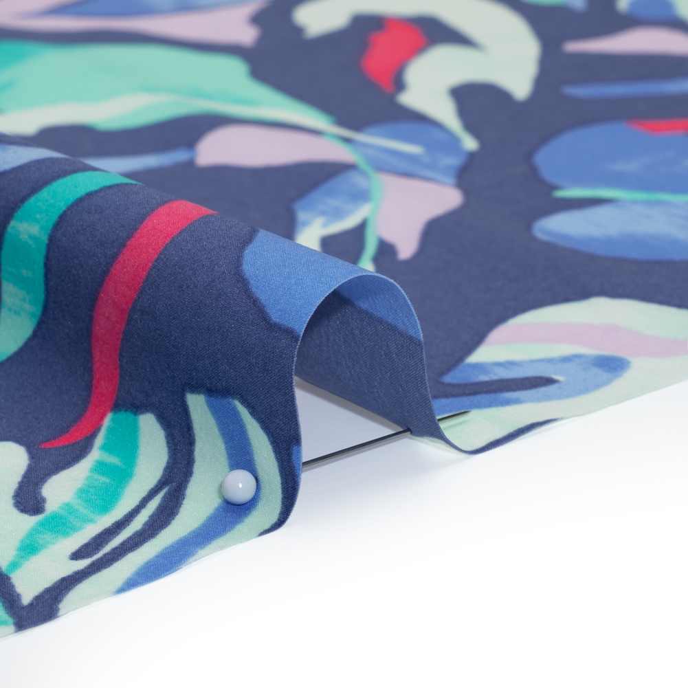 Stretch Nylon Crepe Print - Blue, Teal and Hot Pink Tropical Leaves - Deadstock