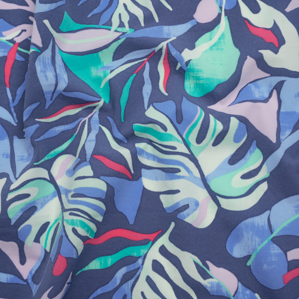 Stretch Nylon Crepe Print – Blue, Teal and Hot Pink Tropical Leaves – Deadstock Stretch Nylon Crepe Print – Blue, Teal and Hot Pink Tropical Leaves – Deadstock