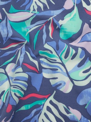 Stretch Nylon Crepe Print – Blue, Teal and Hot Pink Tropical Leaves – Deadstock Stretch Nylon Crepe Print – Blue, Teal and Hot Pink Tropical Leaves – Deadstock