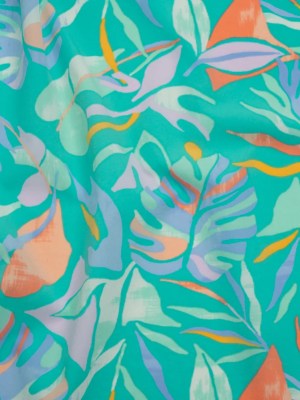 Stretch Nylon Crepe Print – Bright Teal, Periwinkle and Orange Tropical Leaves – Deadstock Stretch Nylon Crepe Print – Bright Teal, Periwinkle and Orange Tropical Leaves – Deadstock