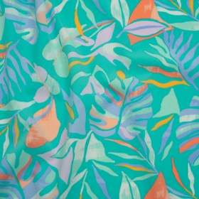 Stretch Nylon Crepe Print – Bright Teal, Periwinkle and Orange Tropical Leaves – Deadstock Stretch Nylon Crepe Print – Bright Teal, Periwinkle and Orange Tropical Leaves – Deadstock