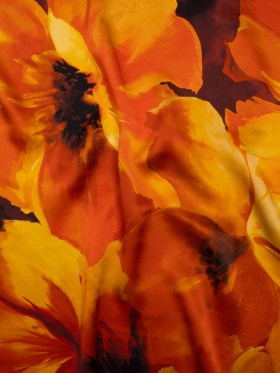 Silk Charmeuse Print 16MM, Made in Italy – Dark Orange, Golden Yellow and Russet Brown Painterly Flowers Silk Charmeuse Print 16MM, Made in Italy – Dark Orange, Golden Yellow and Russet Brown Painterly Flowers