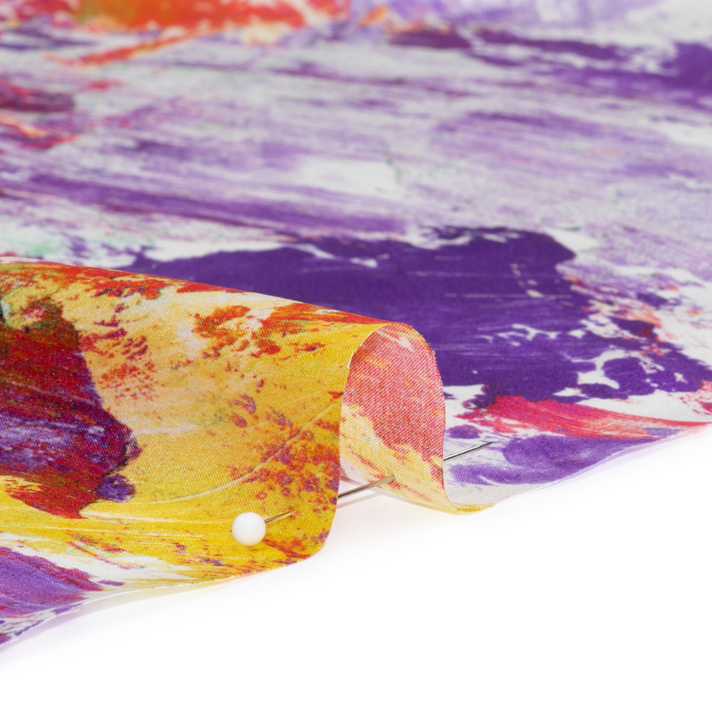Silk Charmeuse Print 16MM, Made in Italy – Purple, Hot Pink and Yellow Abstract Brushstrokes Silk Charmeuse Print 16MM, Made in Italy – Purple, Hot Pink and Yellow Abstract Brushstrokes