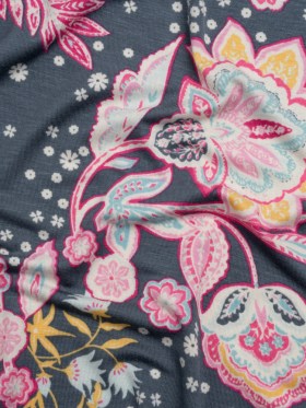 Stretch Rayon Jersey – Blue Gray, Pink and Yellow Floral – Deadstock Stretch Rayon Jersey – Blue Gray, Pink and Yellow Floral – Deadstock