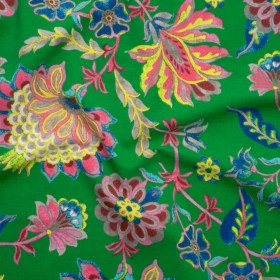 Stretch Organic Cotton Jersey – Kelly Green, Ultramarine Blue, and Hot Pink Jacobean Floral – Deadstock Stretch Organic Cotton Jersey – Kelly Green, Ultramarine Blue, and Hot Pink Jacobean Floral – Deadstock