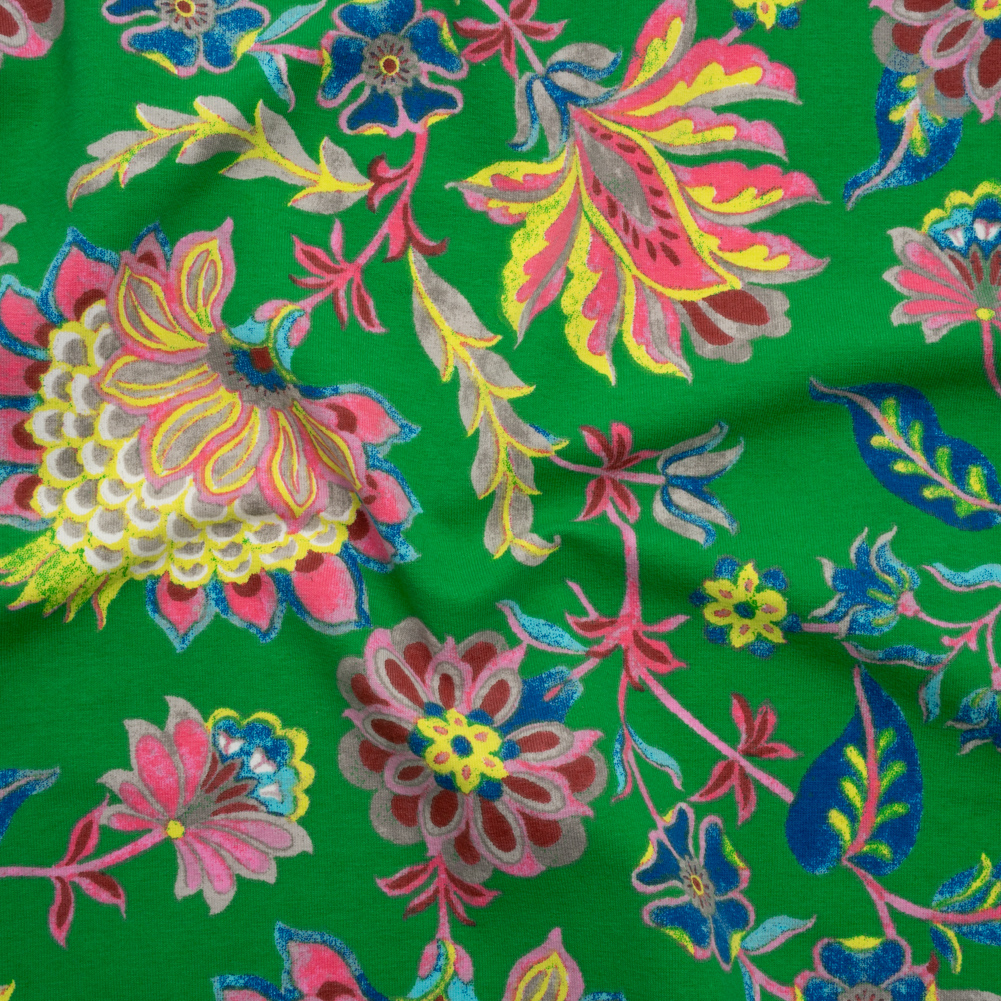 Stretch Organic Cotton Jersey – Kelly Green, Ultramarine Blue, and Hot Pink Jacobean Floral – Deadstock Stretch Organic Cotton Jersey – Kelly Green, Ultramarine Blue, and Hot Pink Jacobean Floral – Deadstock